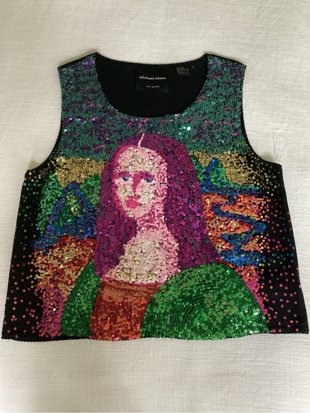 Vintage Michael Simon Mona Lisa Sequin Tank Top Medium Wearable Art Vest Y2K - Picture 13 of 13
